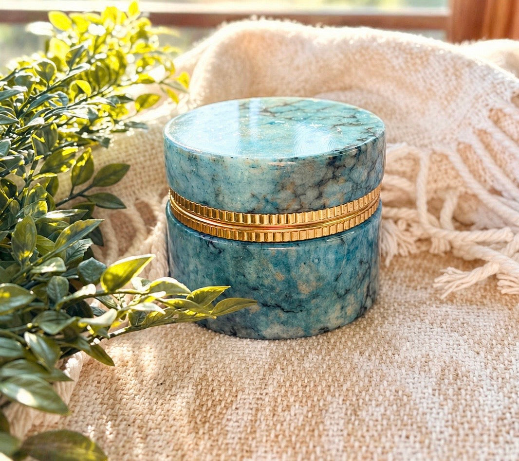 Blue Alabaster Hinged Trinket Box with Gold Trim