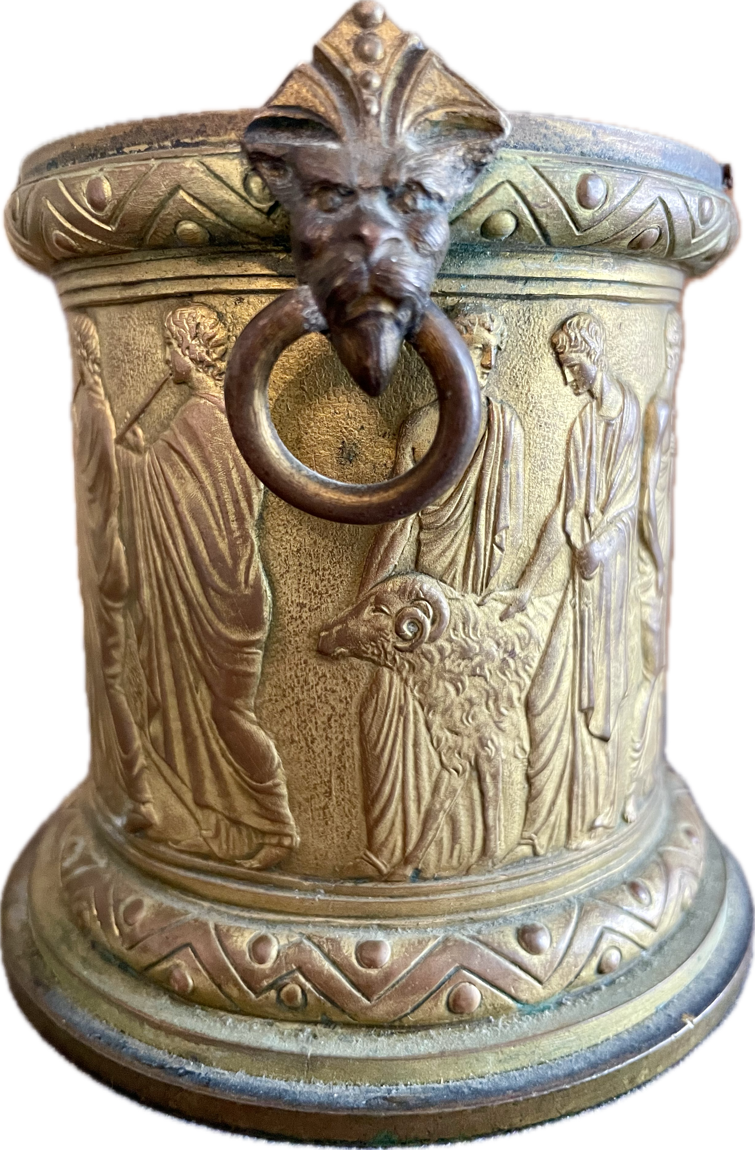 Antique Neoclassical Brass Urn with Greek Figures and Lion Handles