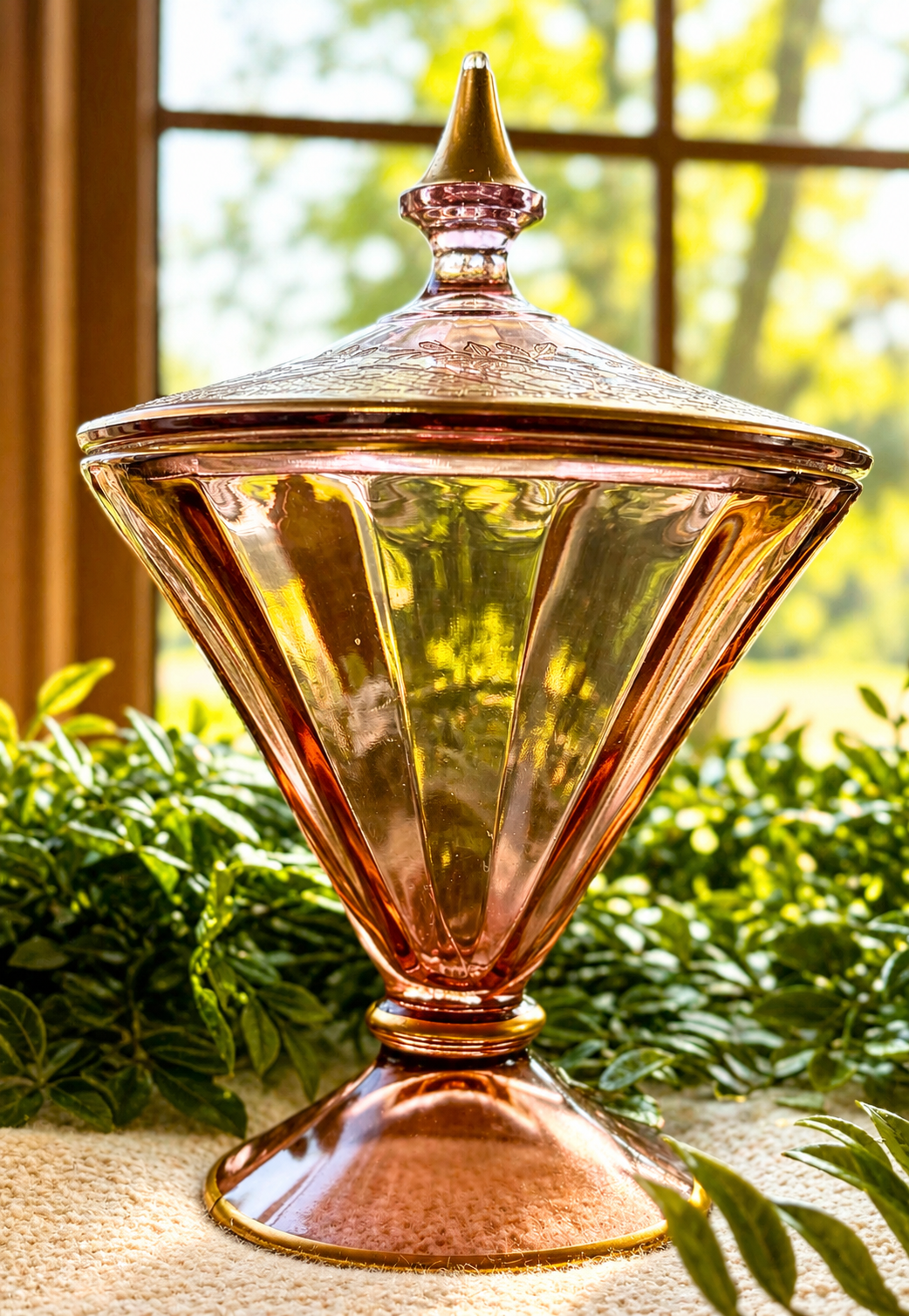 Vintage Pink Depression Glass Candy Dish with Lid | Gold Floral Pedestal Compote