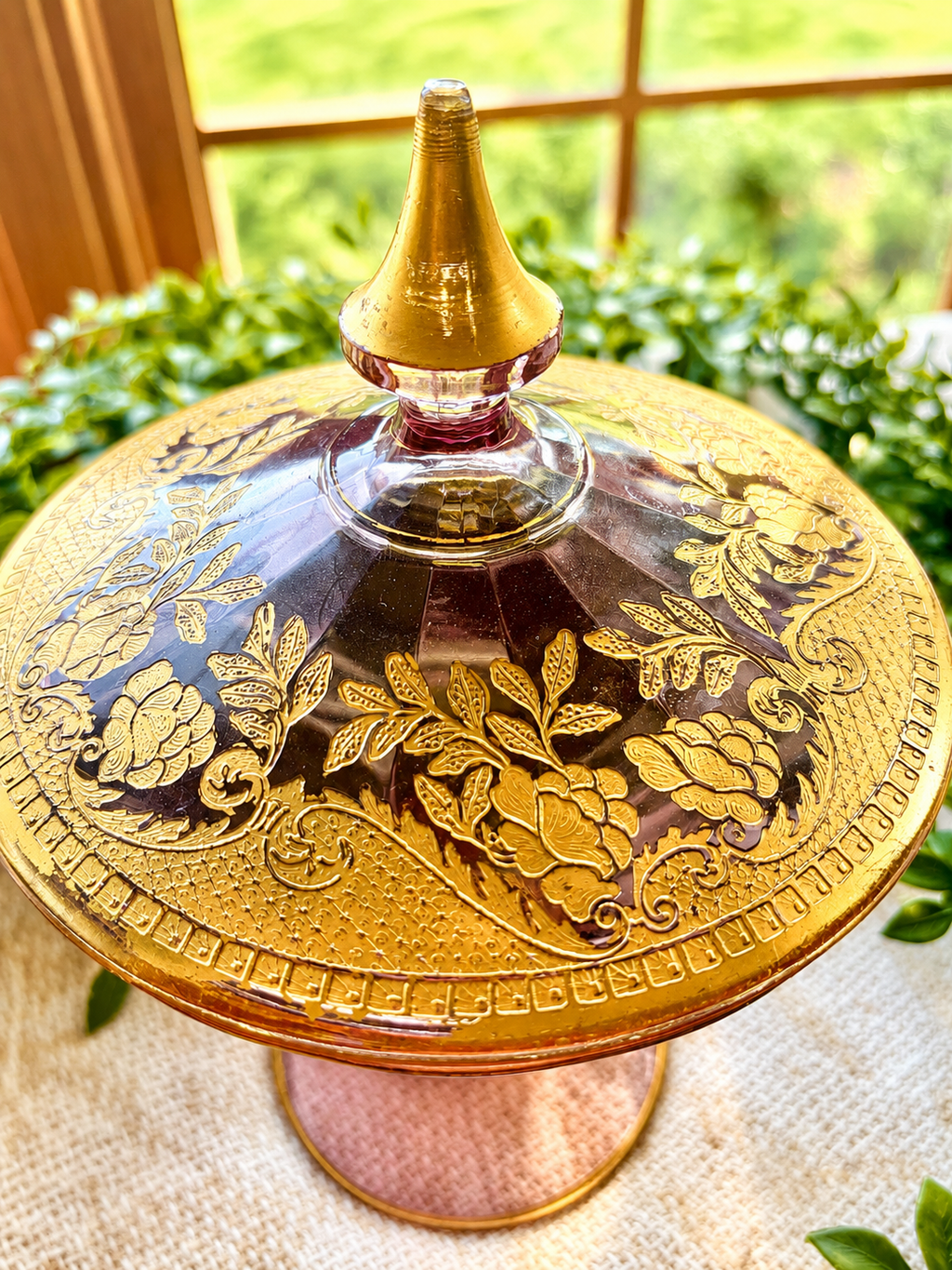 Vintage Pink Depression Glass Candy Dish with Lid | Gold Floral Pedestal Compote