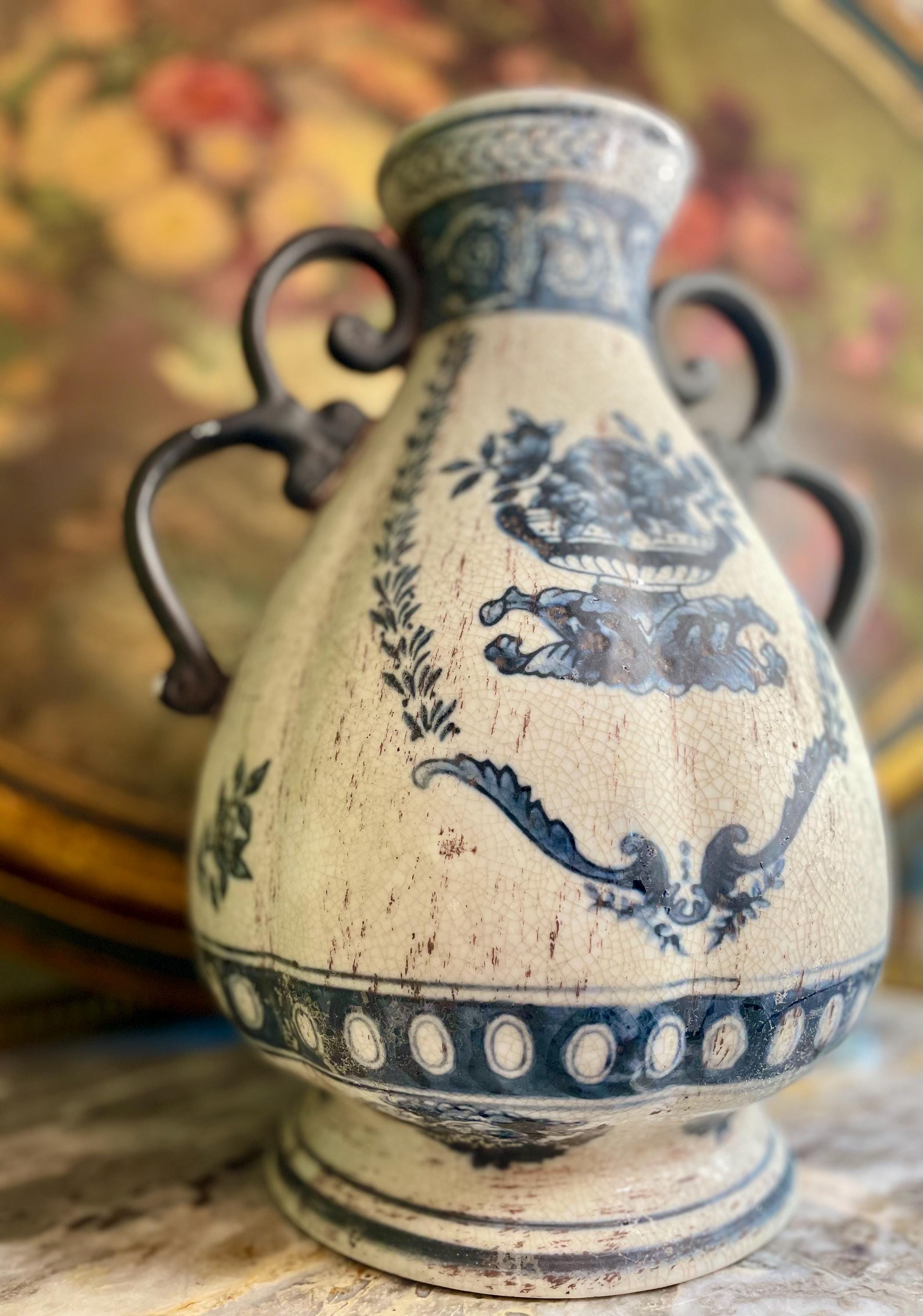 European  Blue & White Urn-Style Vase with Double Handles