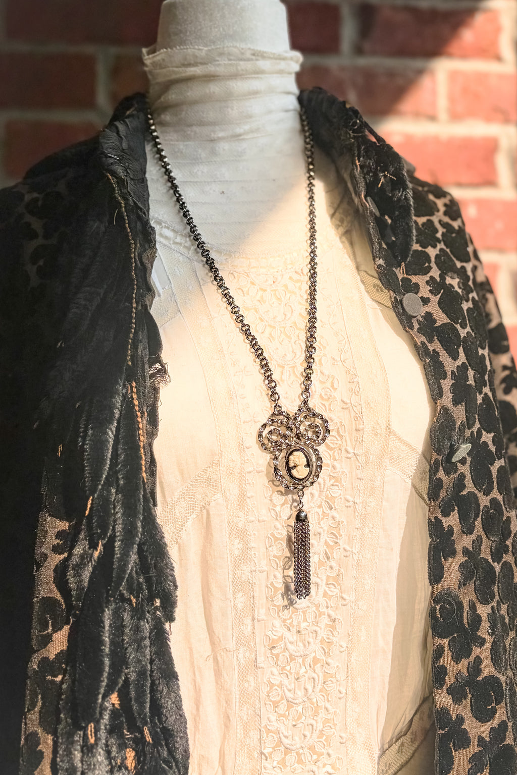 Vintage Silver-Tone Cameo Tassel Necklace