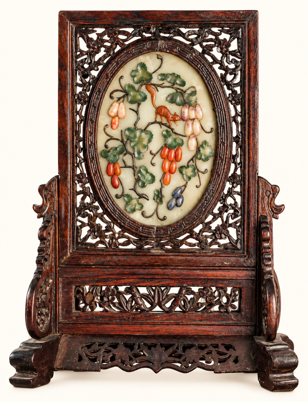 Vintage Chinese Carved Wood Table Screen | Fruit & Squirrel Hardstone-Style Relief