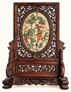 Vintage Chinese Carved Wood Table Screen | Fruit & Squirrel Hardstone-Style Relief