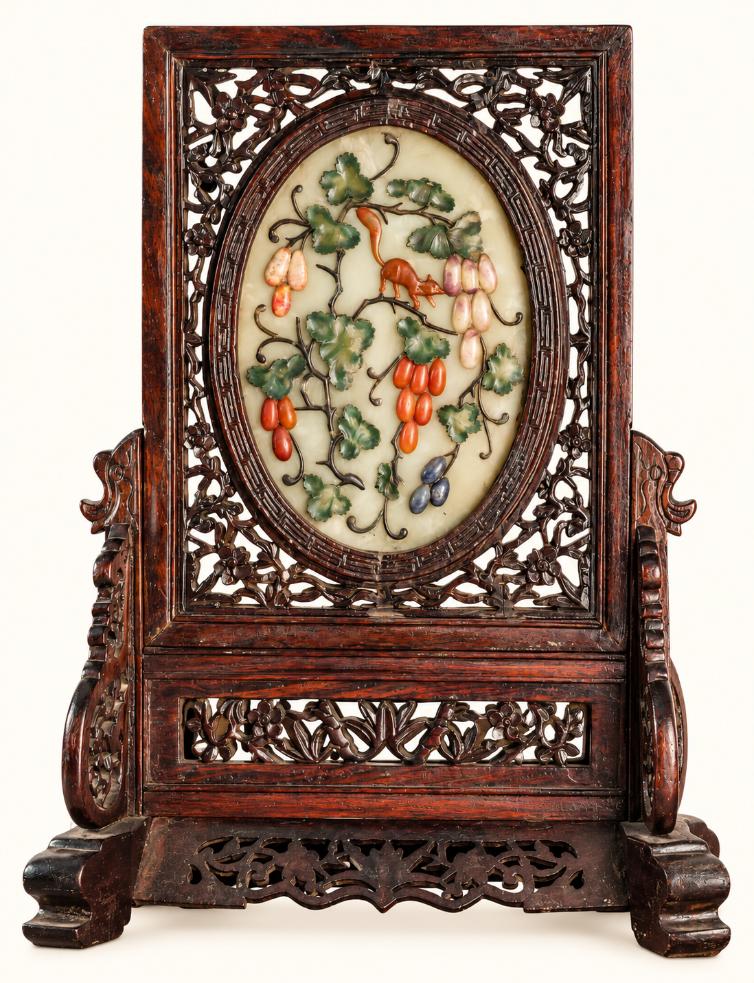 Vintage Chinese Carved Wood Table Screen | Fruit & Squirrel Hardstone-Style Relief