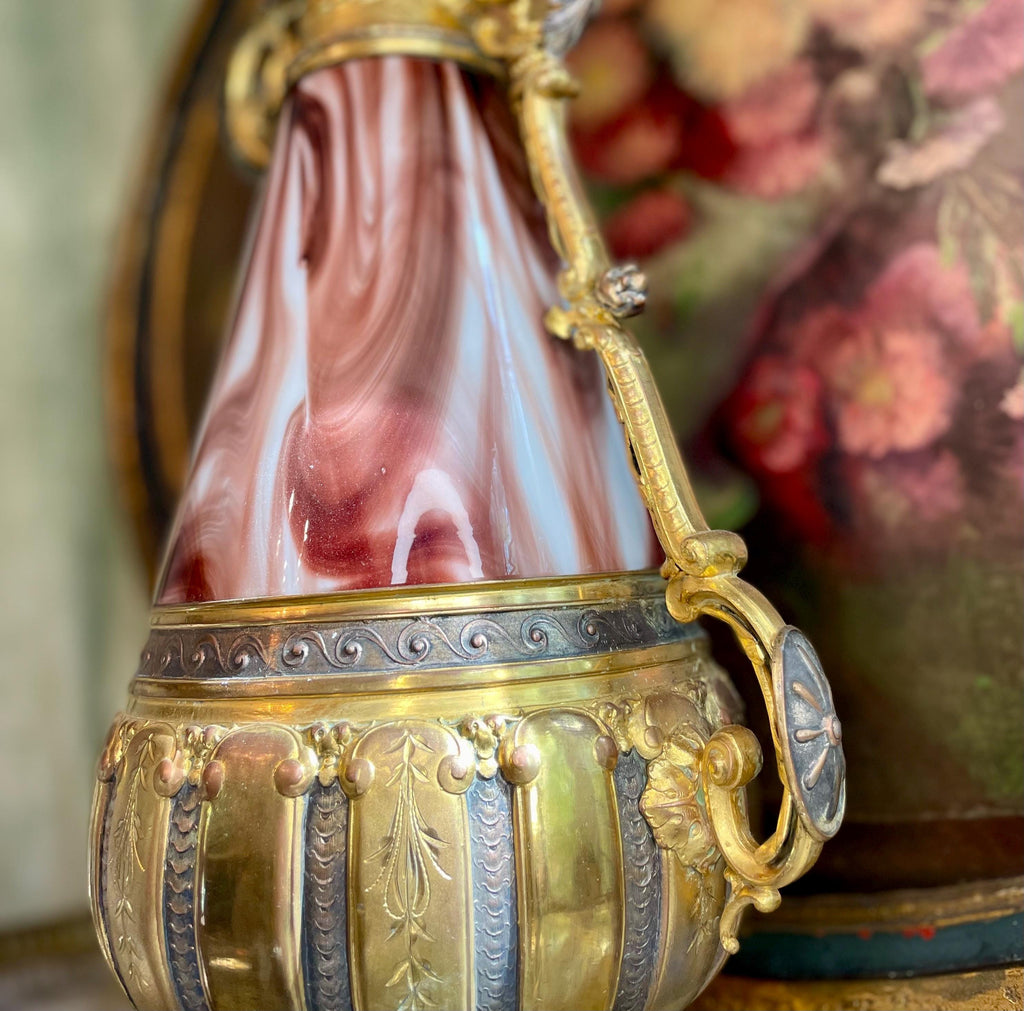 Antique Loetz Czech Republic with Marbled Glass and Ornate Metalwork