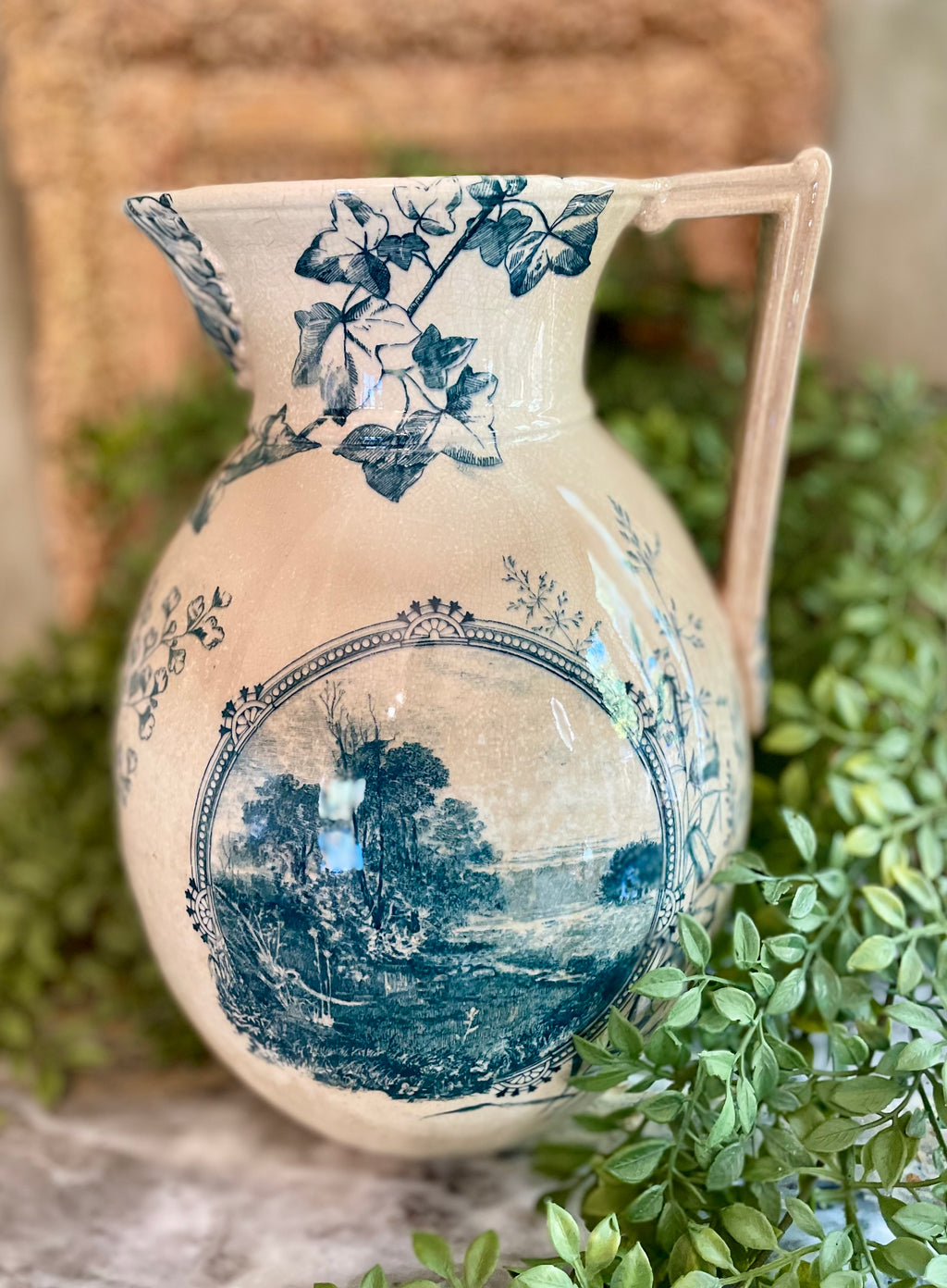 Antique Blue Transferware Pitcher with Ivy and Landscape Scene
