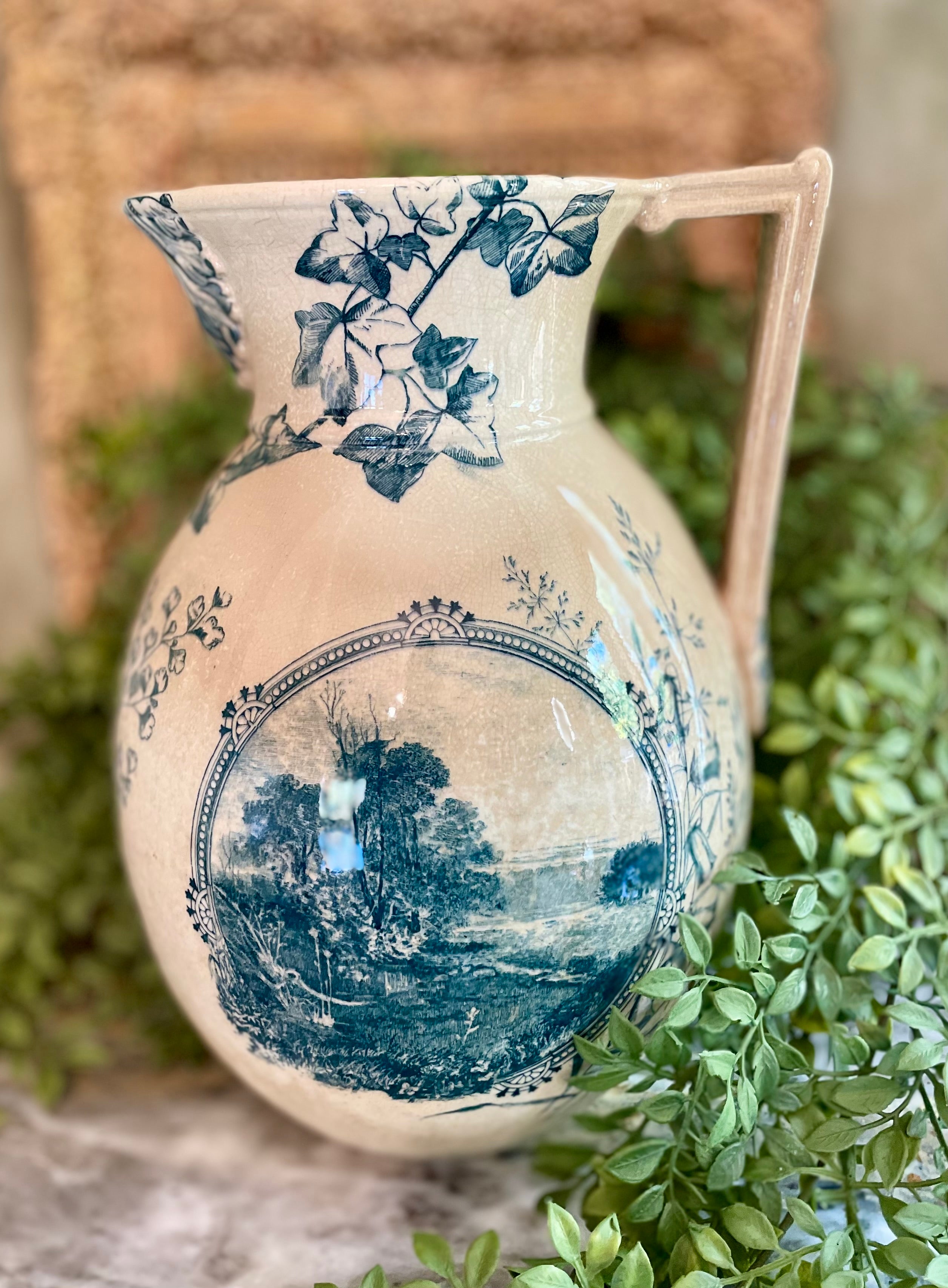 Antique Blue Transferware Pitcher with Ivy and Landscape Scene