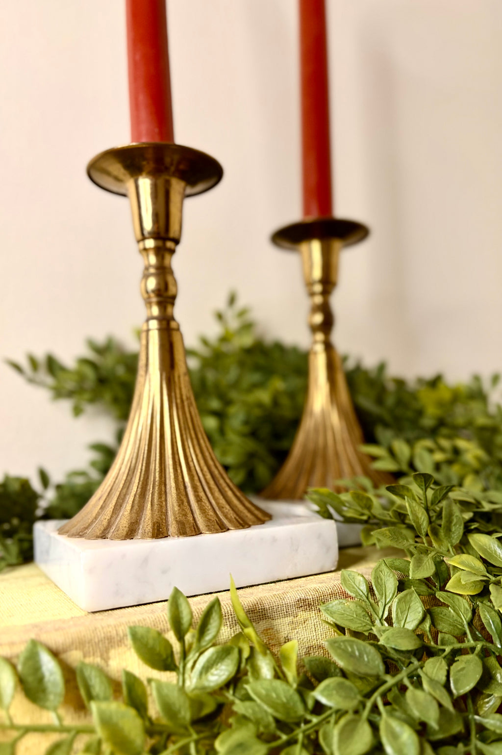Pair of Vintage Brass Candlesticks with Marble Bases
