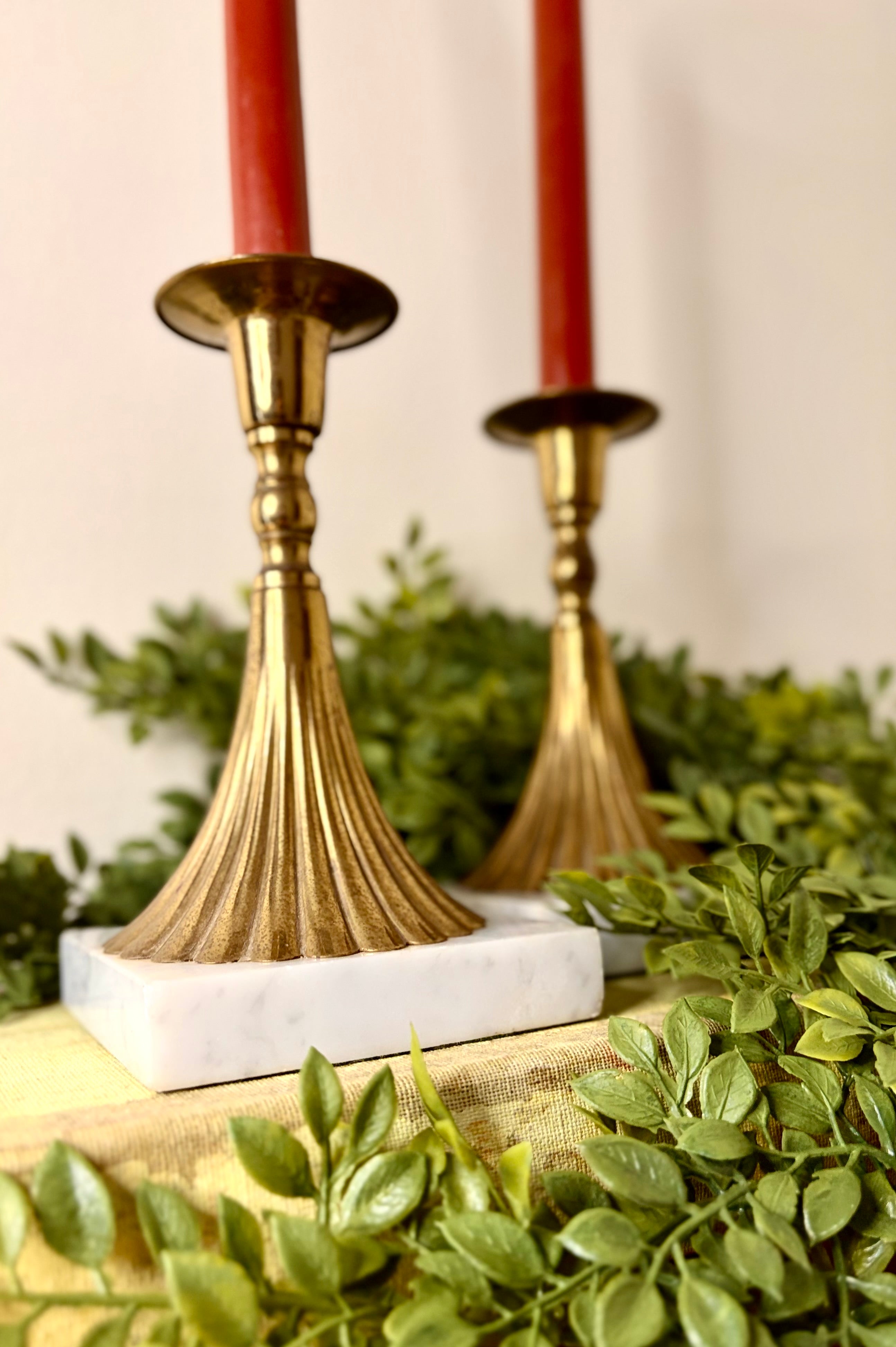 Pair of Vintage Brass Candlesticks with Marble Bases