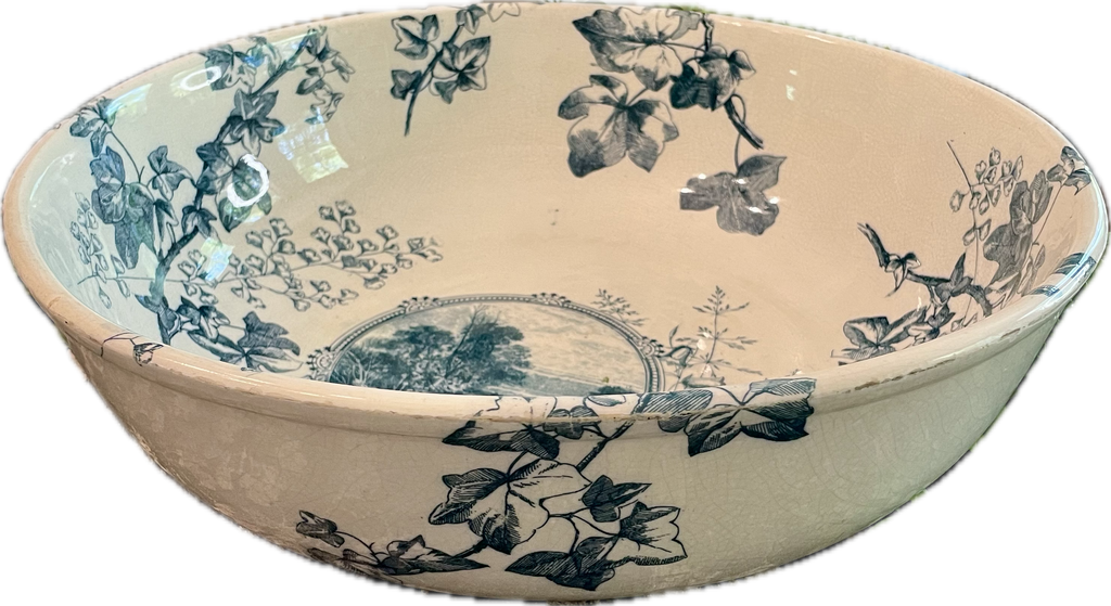 Antique Blue Transferware Wash Bowl with Ivy and Landscape Scene