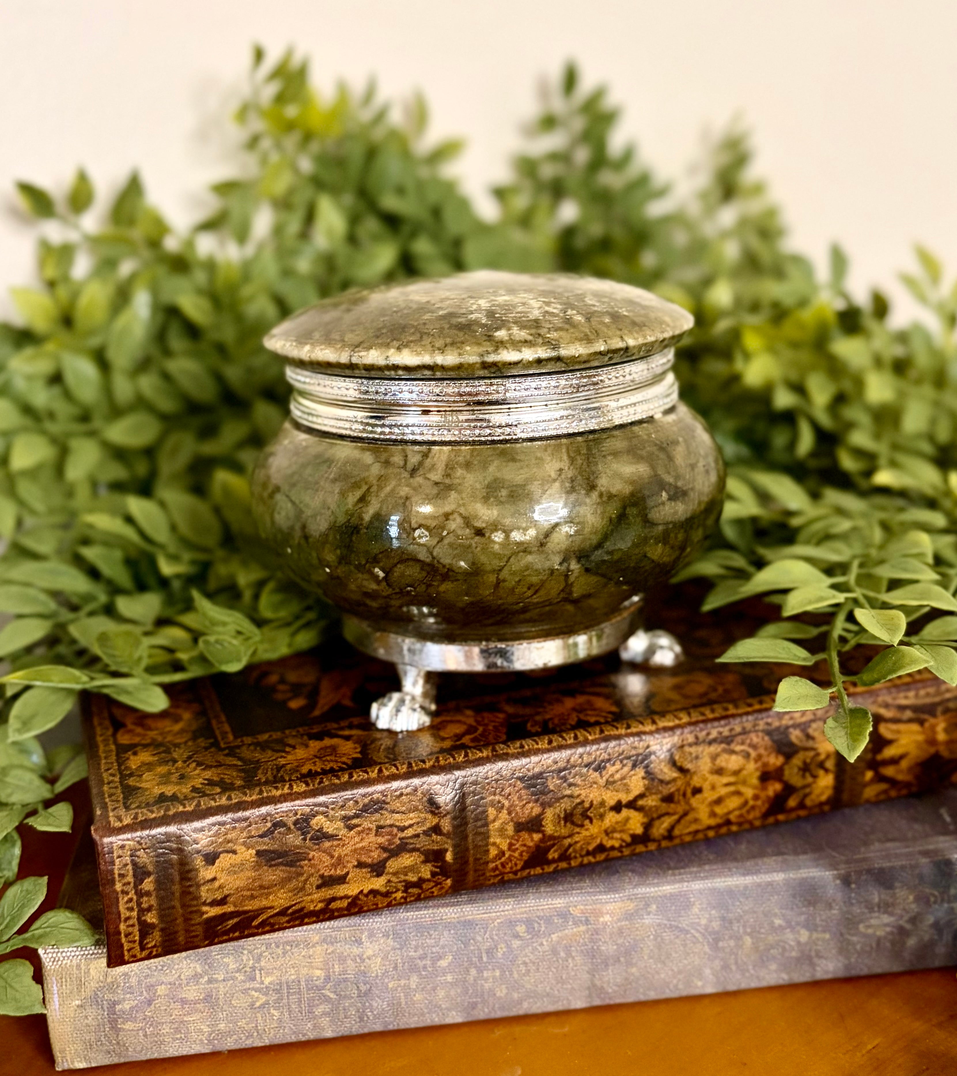 Vintage Italian Green Stone & Silver-Tone Footed Trinket Box