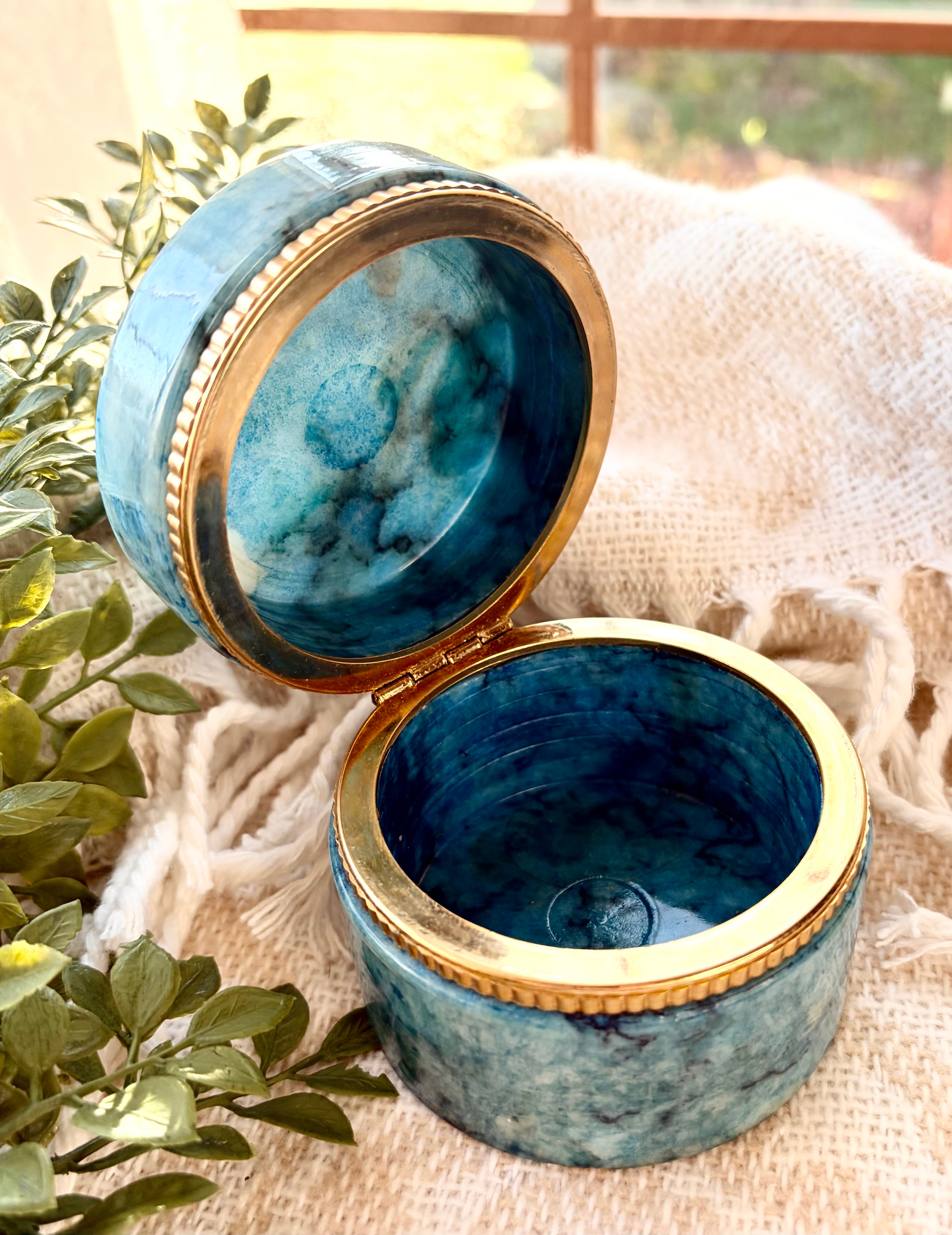 Blue Alabaster Hinged Trinket Box with Gold Trim
