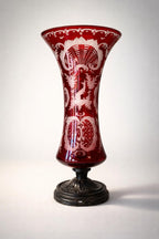 Antique Ruby Cut-to-Clear Bohemian Glass Vase with Etched Overlay