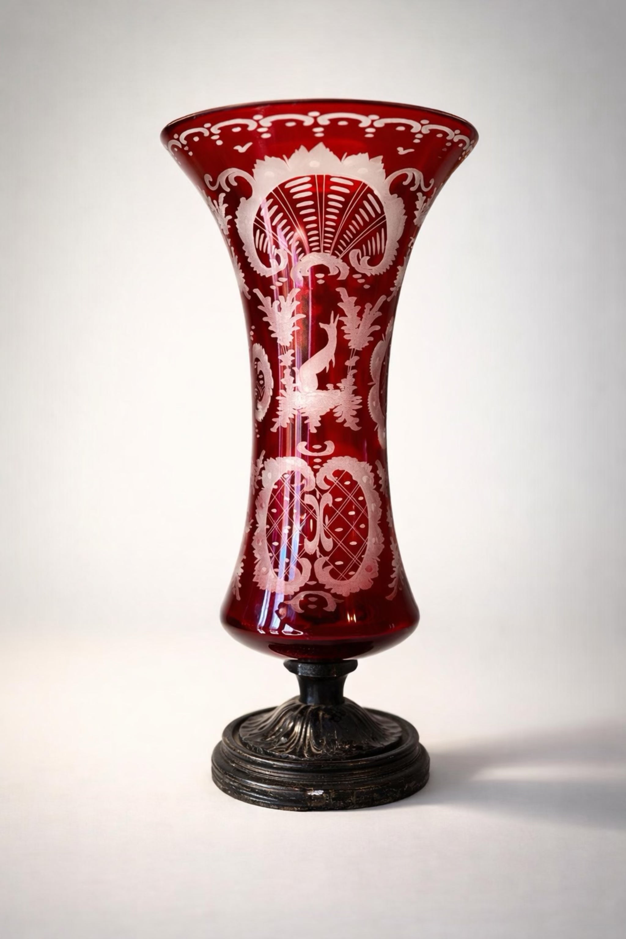 Antique Ruby Cut-to-Clear Bohemian Glass Vase with Etched Overlay