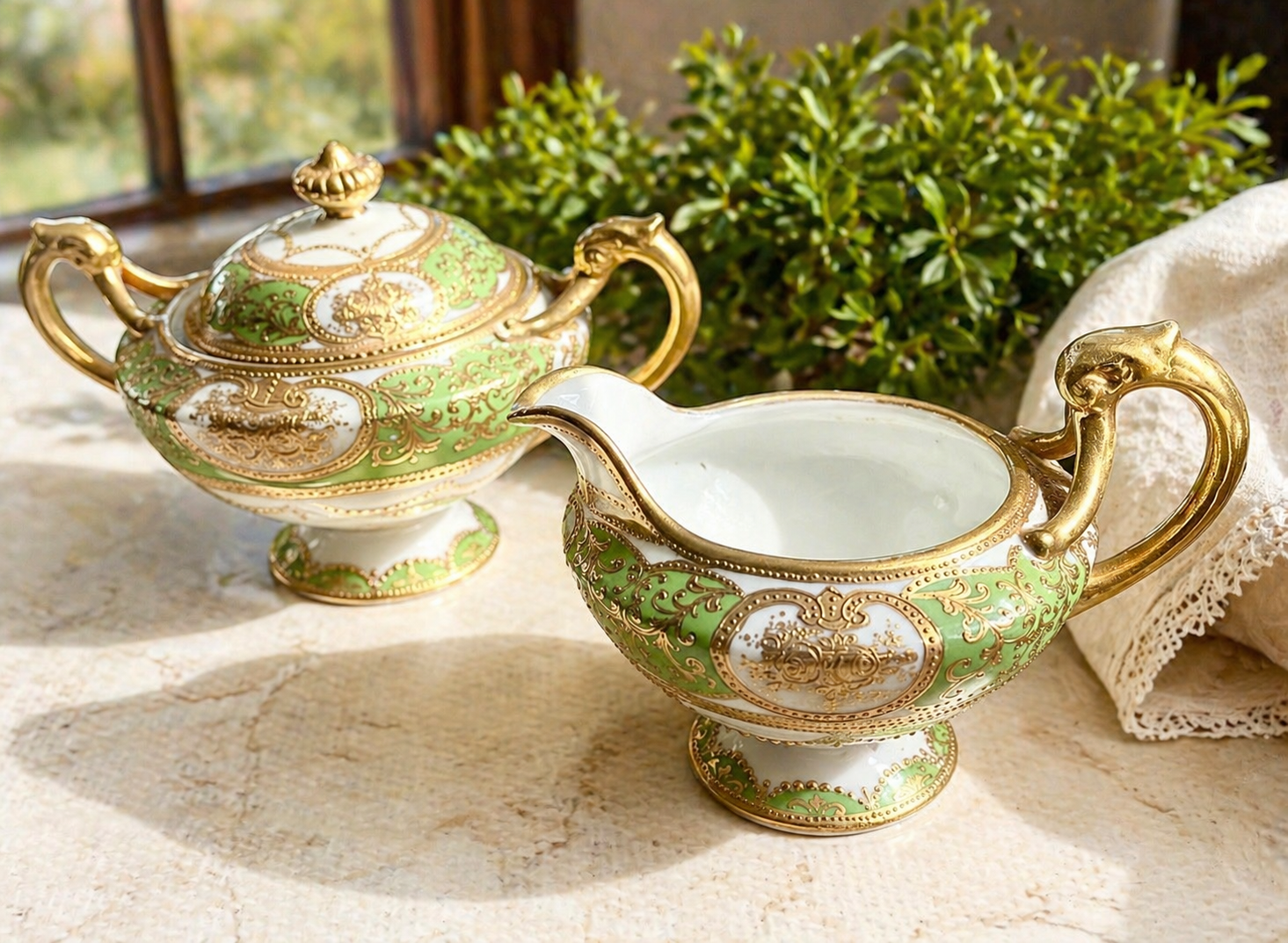 Antique Hand Painted Nippon Creamer & Covered Sugar Bowl Set