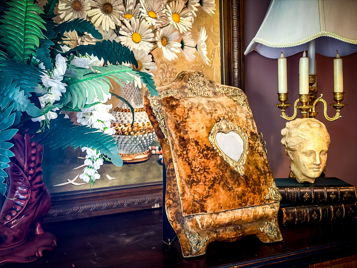 Antique Victorian Velvet Photo Album with Heart Mirror & Ornate Metalwork