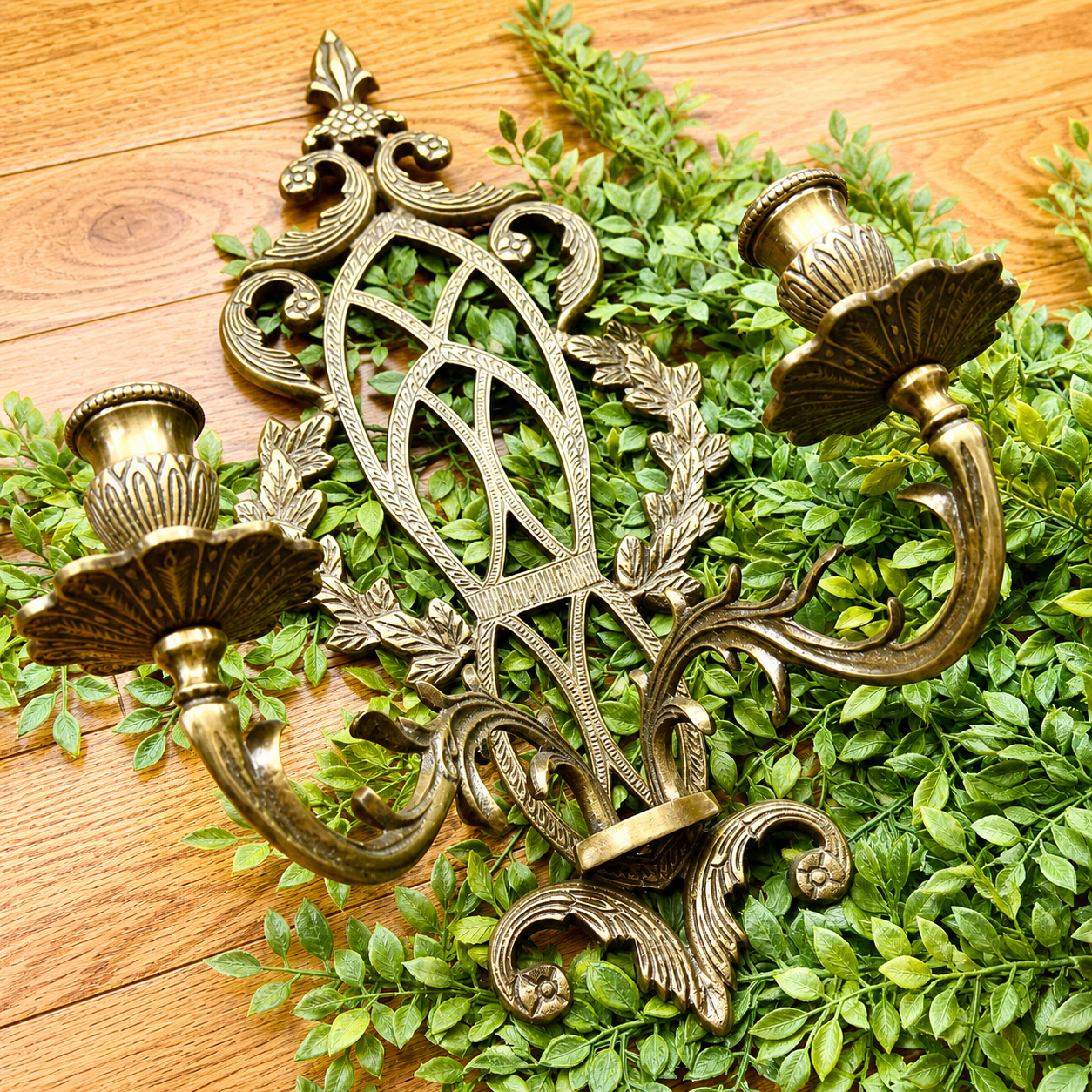 Vintage Pair Gothic Revival Brass Wall Sconces