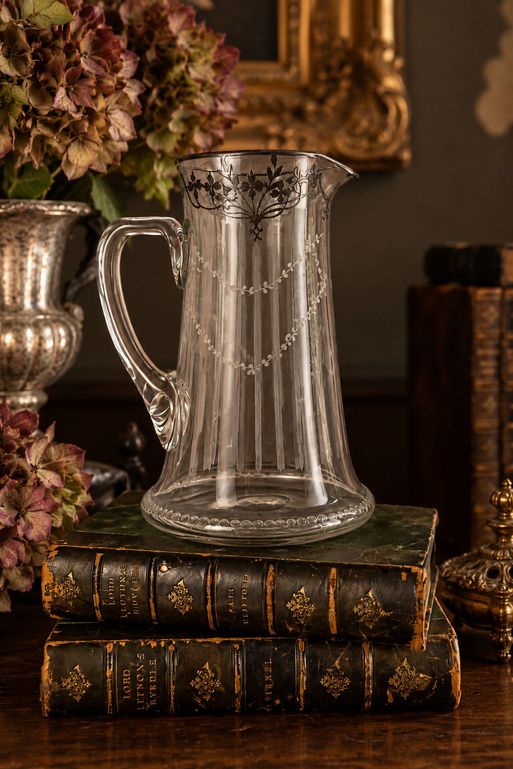 Antique Art Nouveau Etched Glass Pitcher | Silver Overlay & Monogrammed Medallion