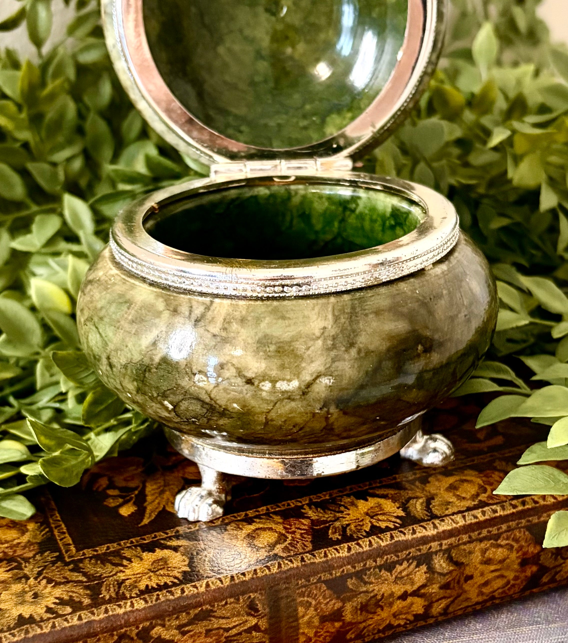 Vintage Italian Green Stone & Silver-Tone Footed Trinket Box
