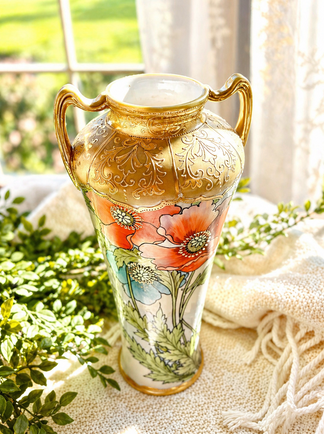 Antique Hand Painted Nippon Poppy Vase