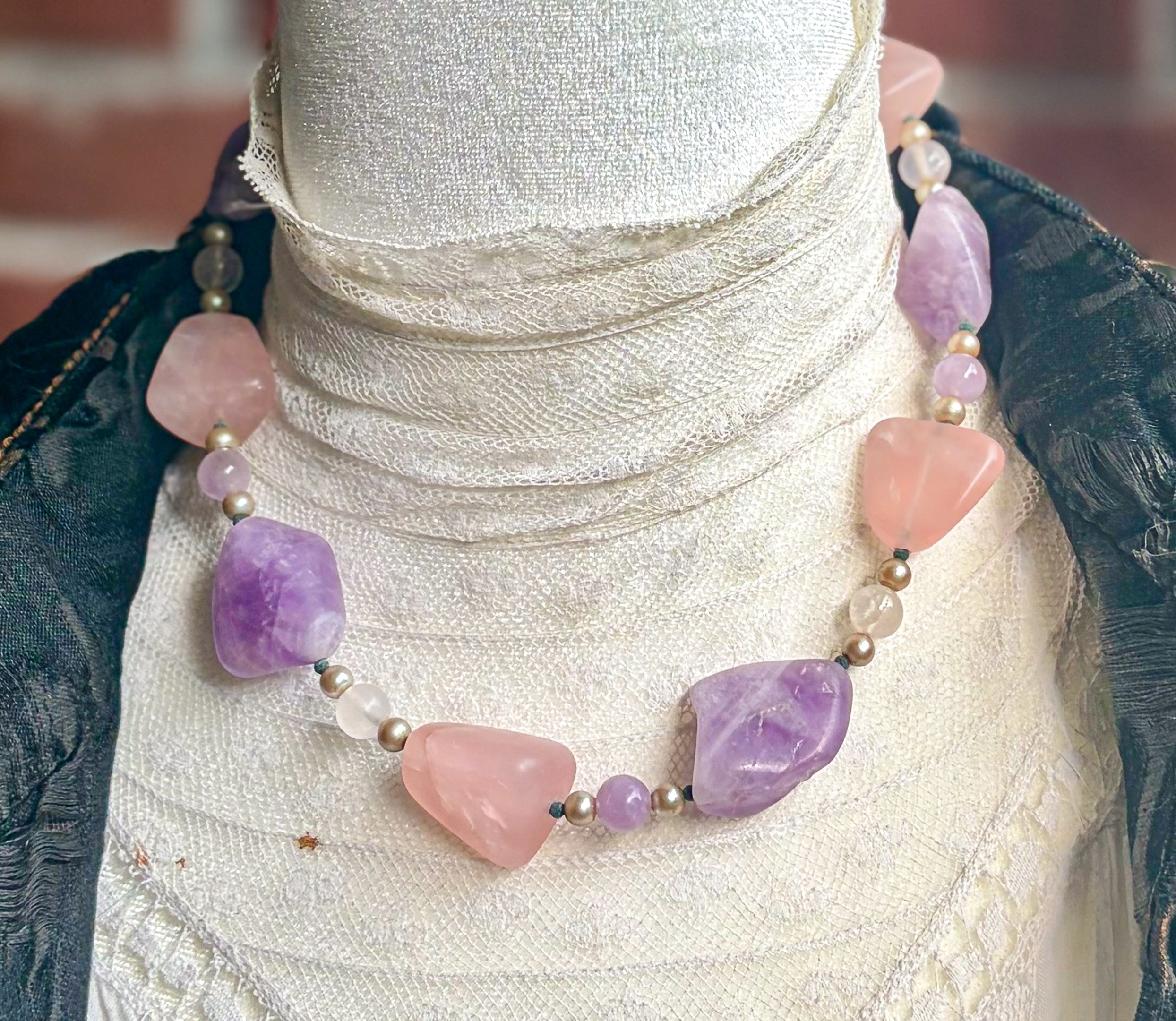 Vintage Carol DuPlaise Amethyst & Rose Quartz Statement Necklace