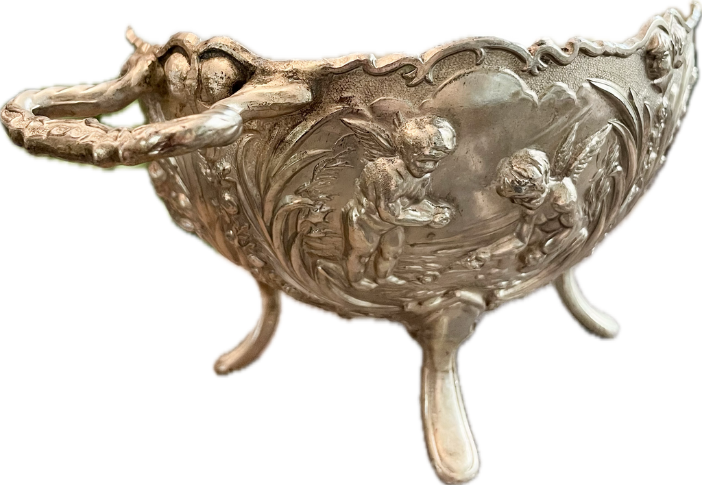 Vintage Silverplate Footed Bowl with Cherubs and Floral Relief