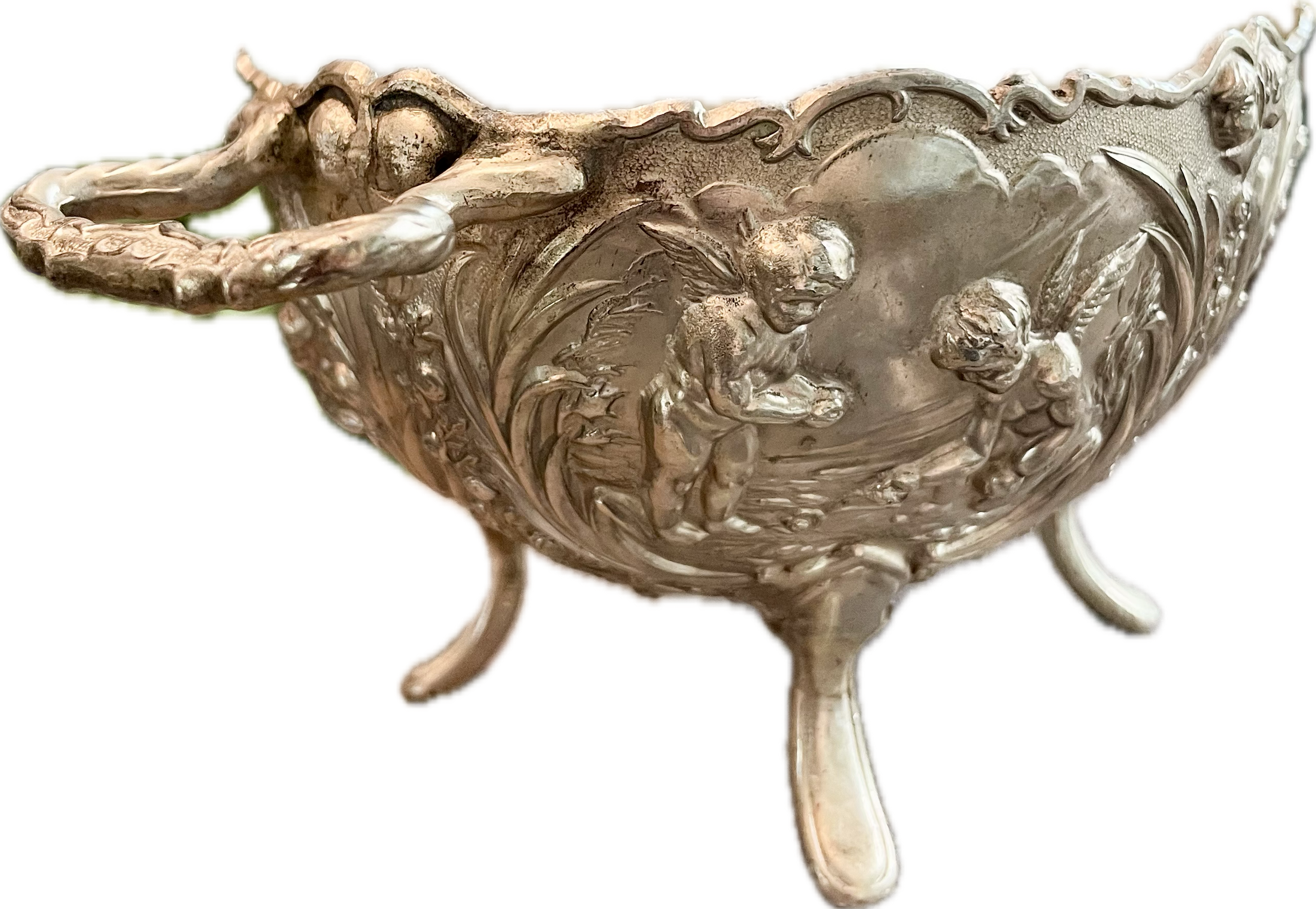 Vintage Silverplate Footed Bowl with Cherubs and Floral Relief