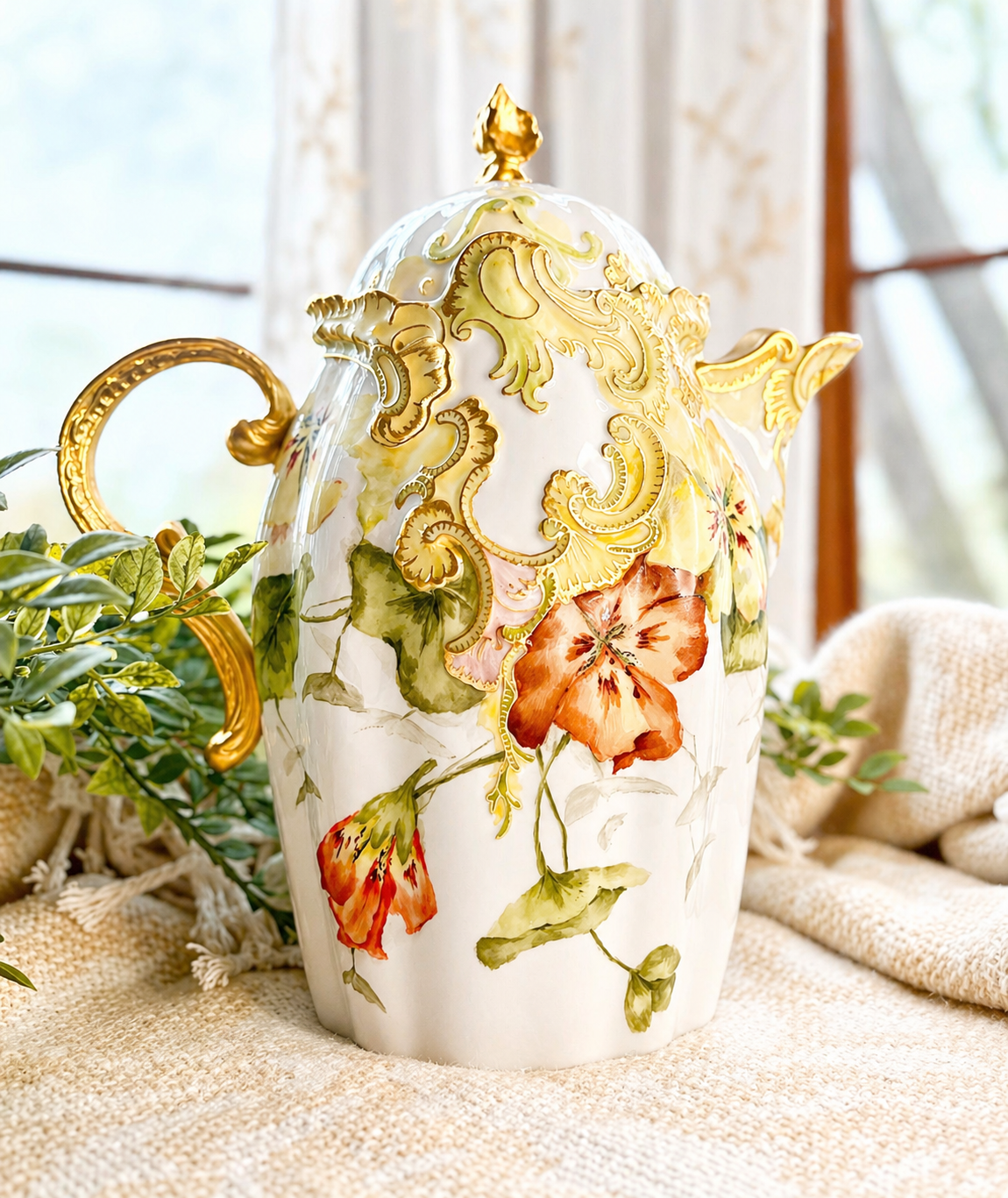 Vintage Leonard Vienna Austria Porcelain Chocolate Pot with Hand-Painted Florals