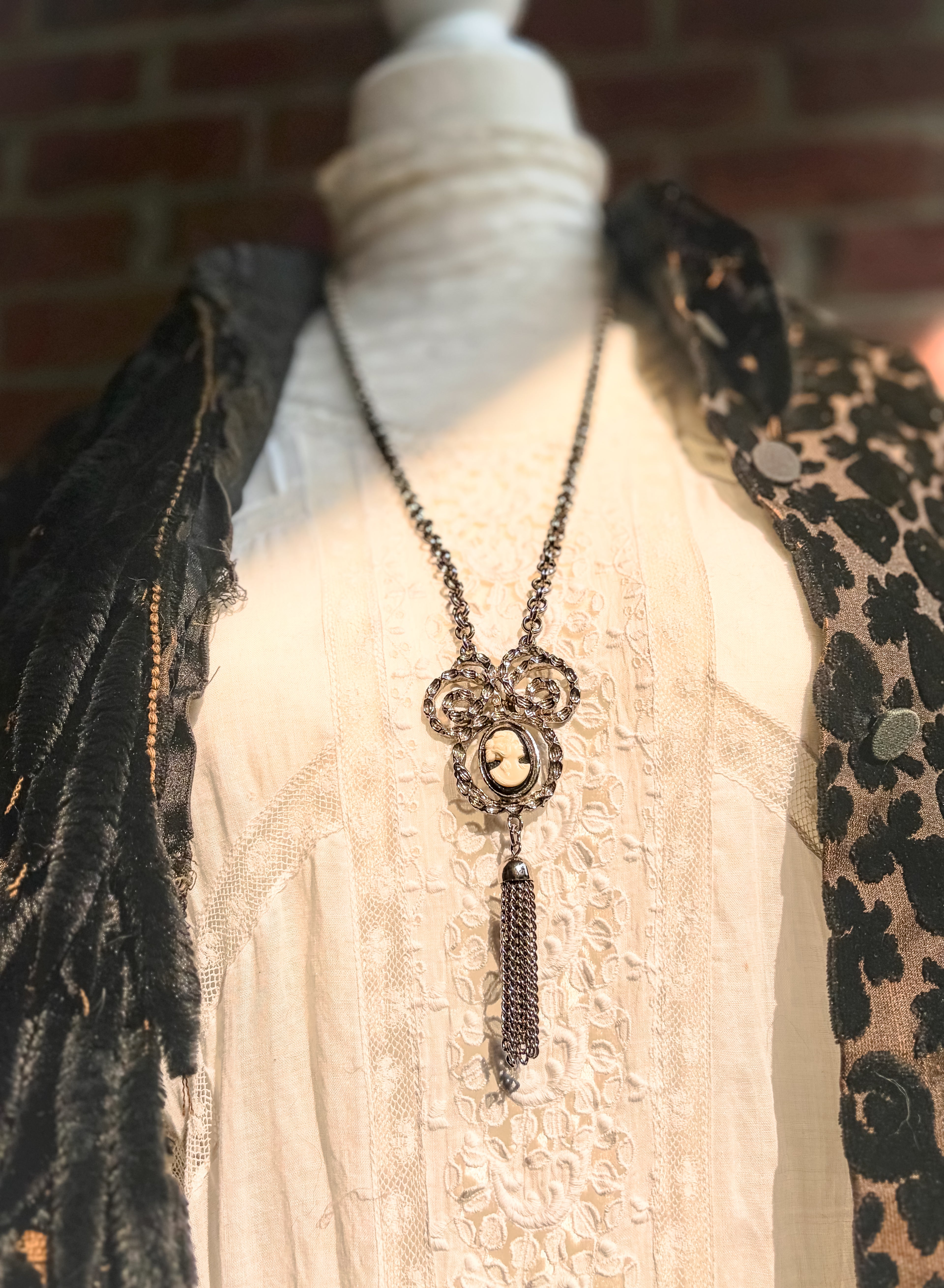 Vintage Silver-Tone Cameo Tassel Necklace