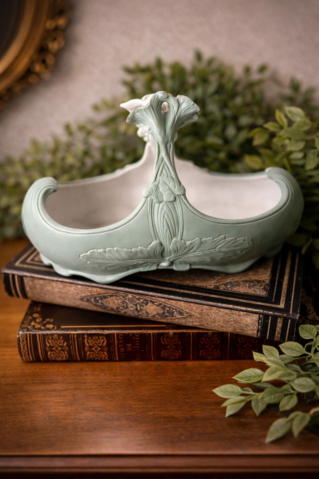 Antique Art Nouveau Porcelain Centerpiece with Maiden Figure