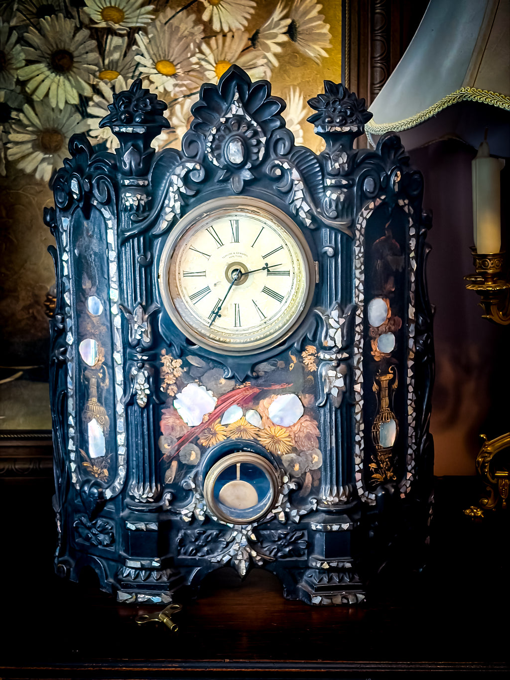 Antique 19th Century Terhune & Edwards Gothic Revival Mother-of-Pearl Mantel Clock