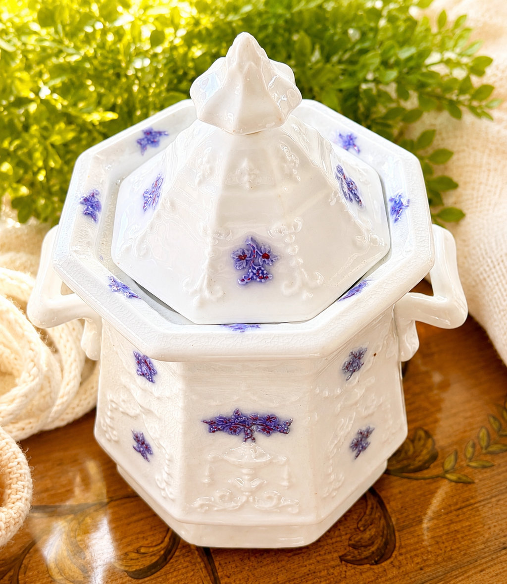 Antique White Biscuit Jar with Floral Relief | Victorian Lidded Canister