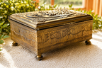 Antique Embossed Brass Jewelry Box | Victorian Revival Casket Box with Figural Pastoral Scene