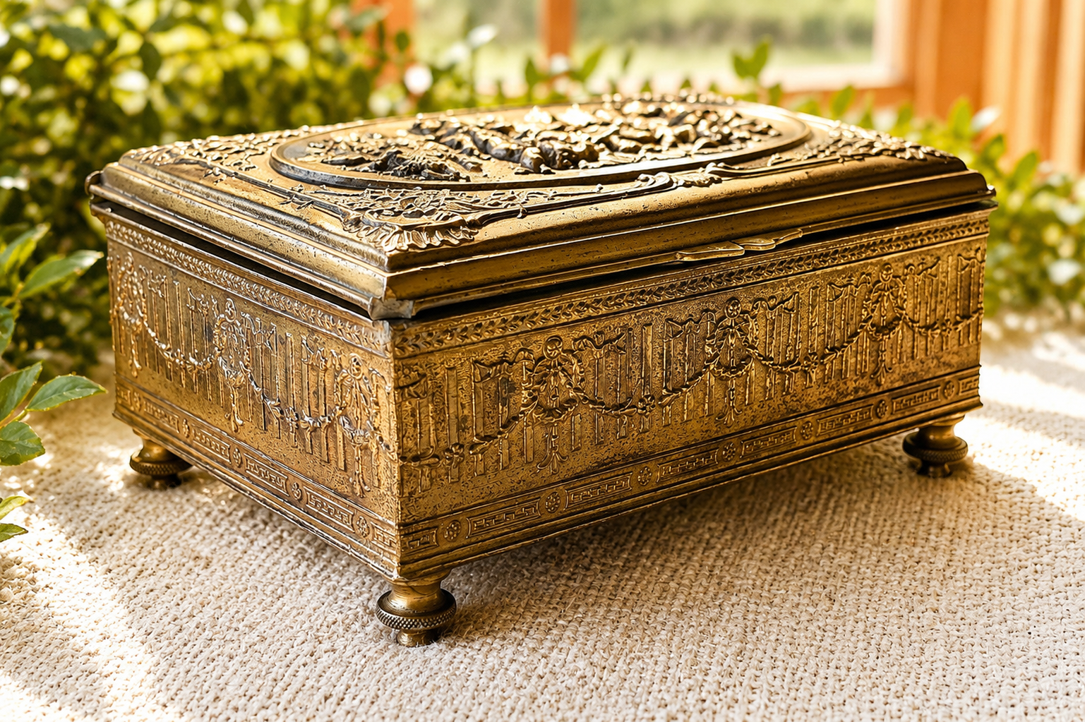 Antique Embossed Brass Jewelry Box | Victorian Revival Casket Box with Figural Pastoral Scene