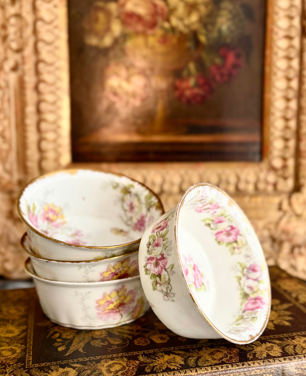 Antique French Limoges Elite Works Dessert Cups – Pink Rose Garland with Gilt Rim