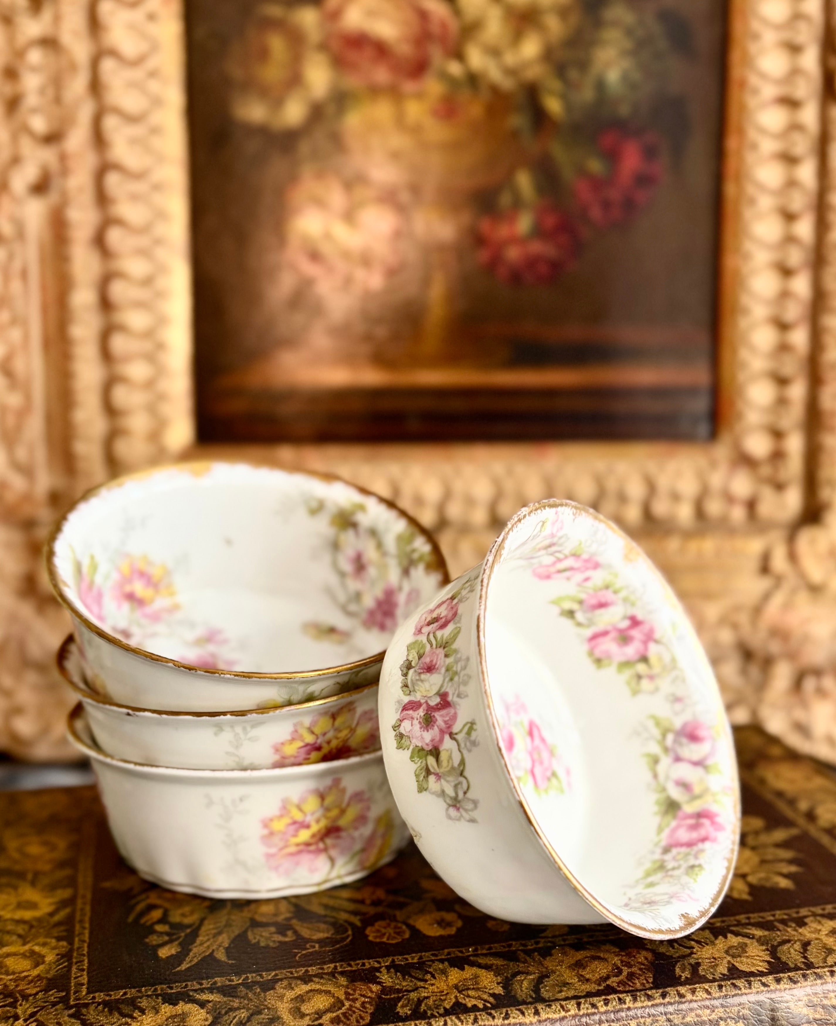 Antique French Limoges Elite Works Dessert Cups – Pink Rose Garland with Gilt Rim