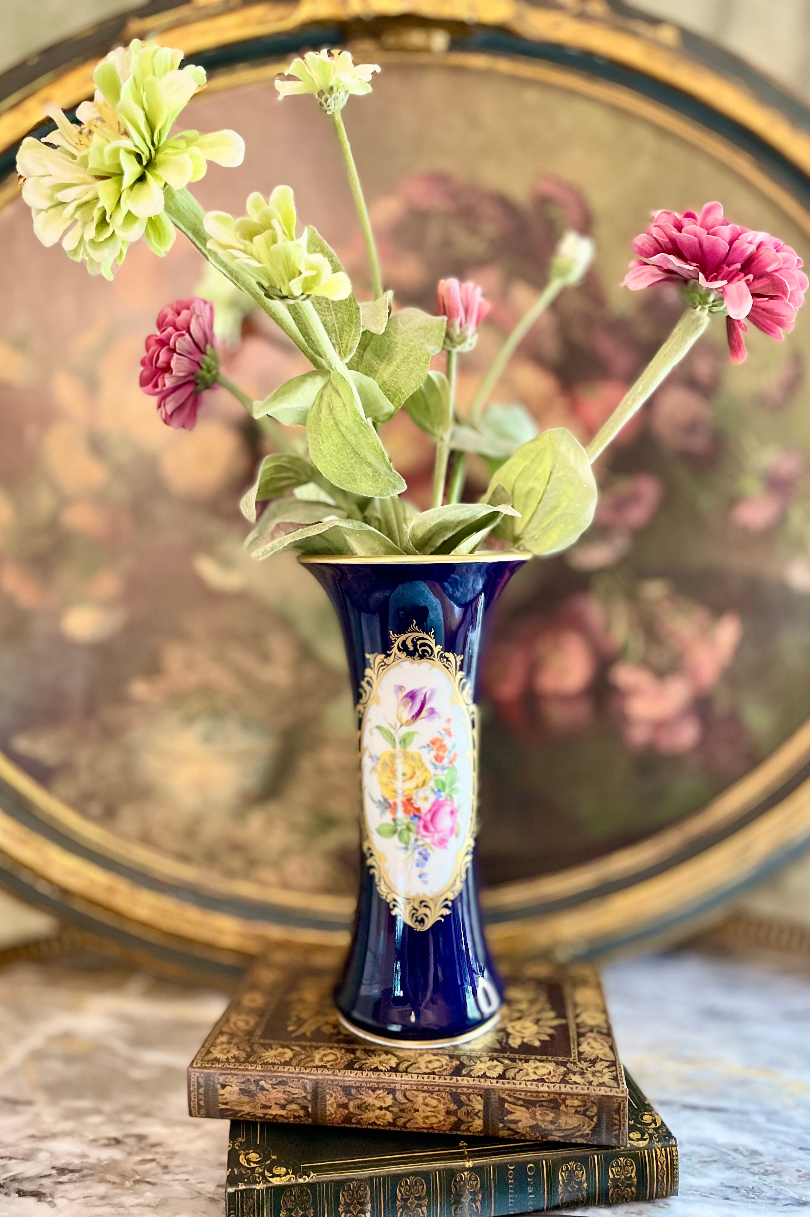 Antique Meissen Cobalt Blue Vase with Hand-Painted Florals and Gilt Detail