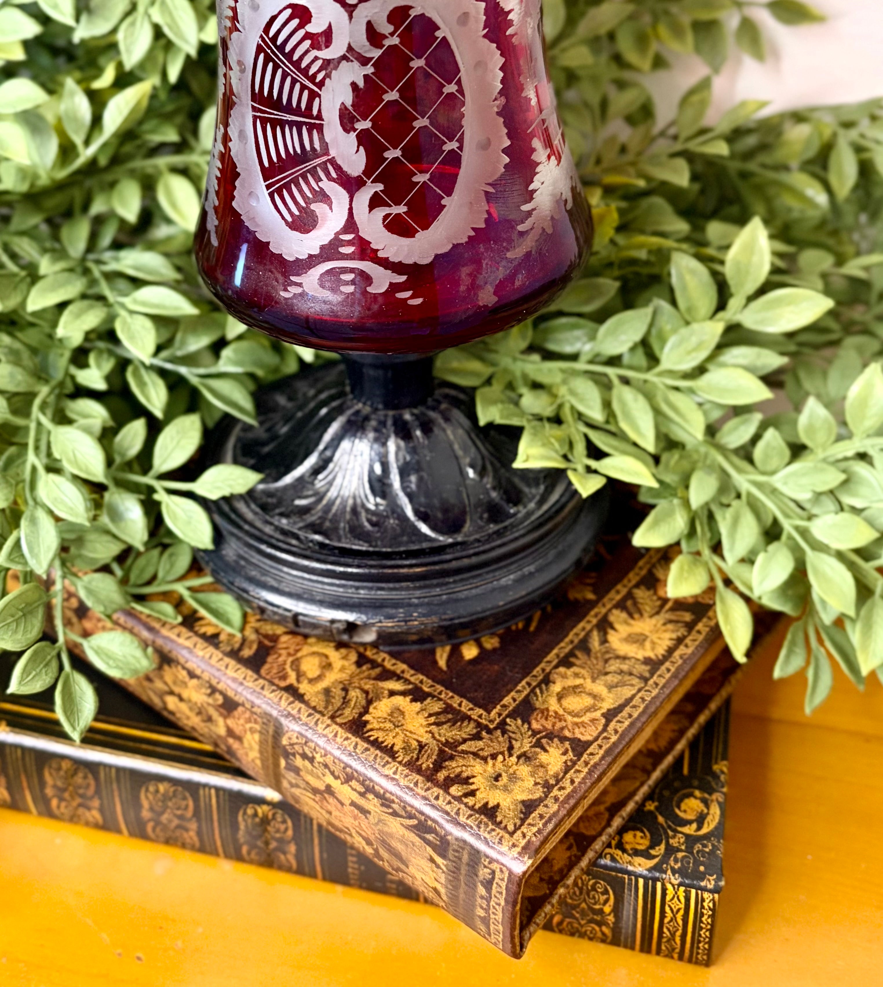 Antique Ruby Cut-to-Clear Bohemian Glass Vase with Etched Overlay