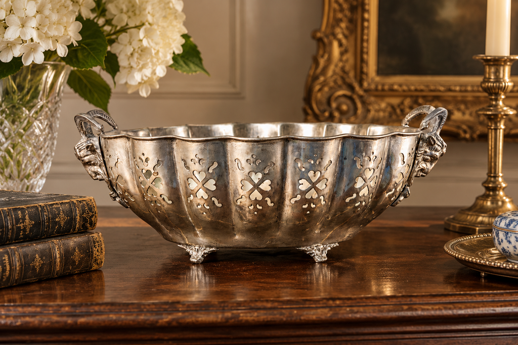 Vintage Silverplate Footed Centerpiece Bowl with Ram Head Handles