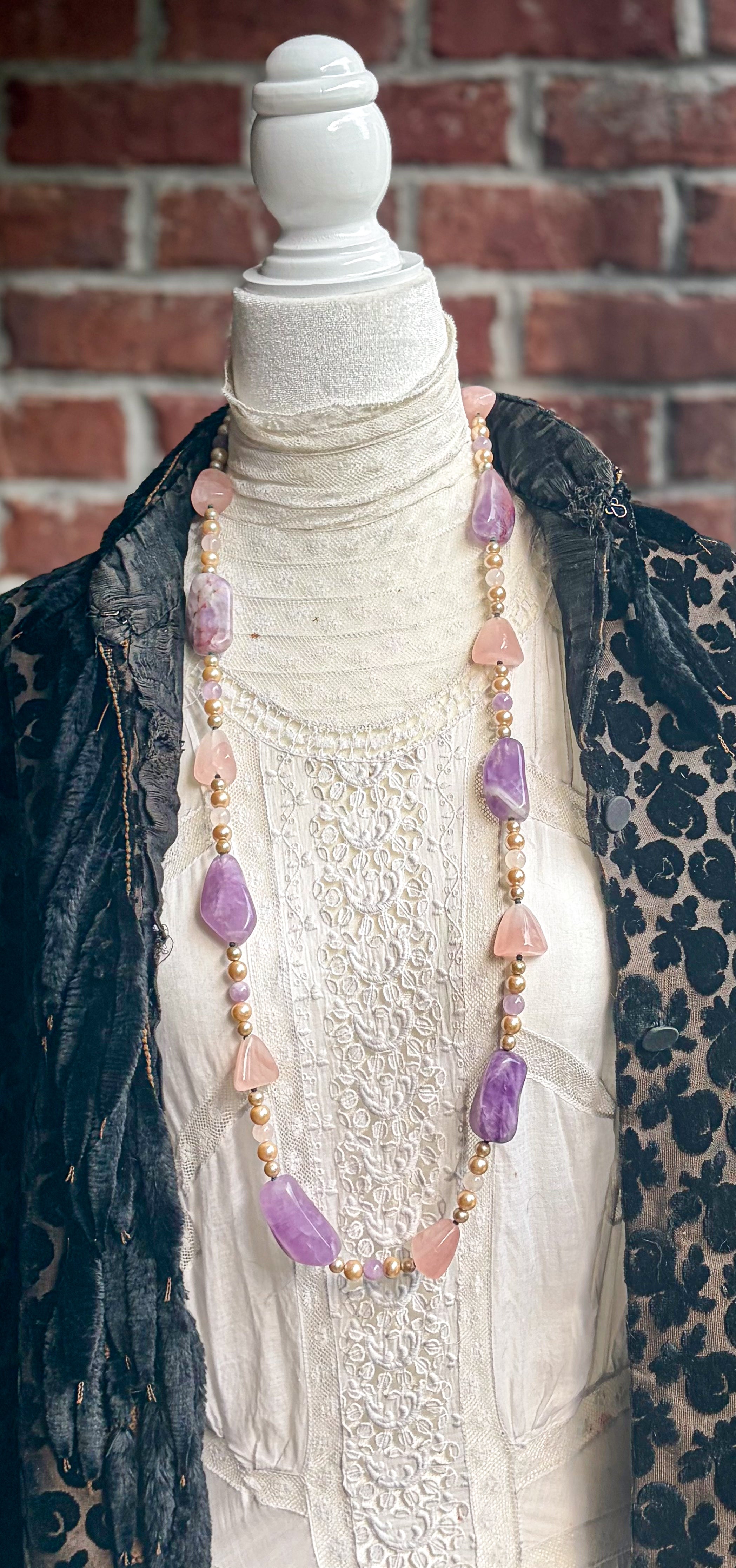 Vintage Carol DuPlaise Amethyst, Rose Quartz & Faux Pearl Long Necklace