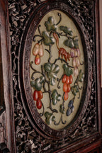 Vintage Chinese Carved Wood Table Screen | Fruit & Squirrel Hardstone-Style Relief
