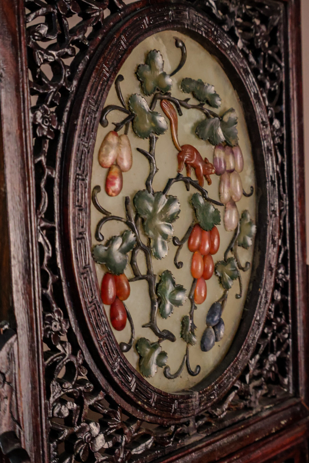 Vintage Chinese Carved Wood Table Screen | Fruit & Squirrel Hardstone-Style Relief