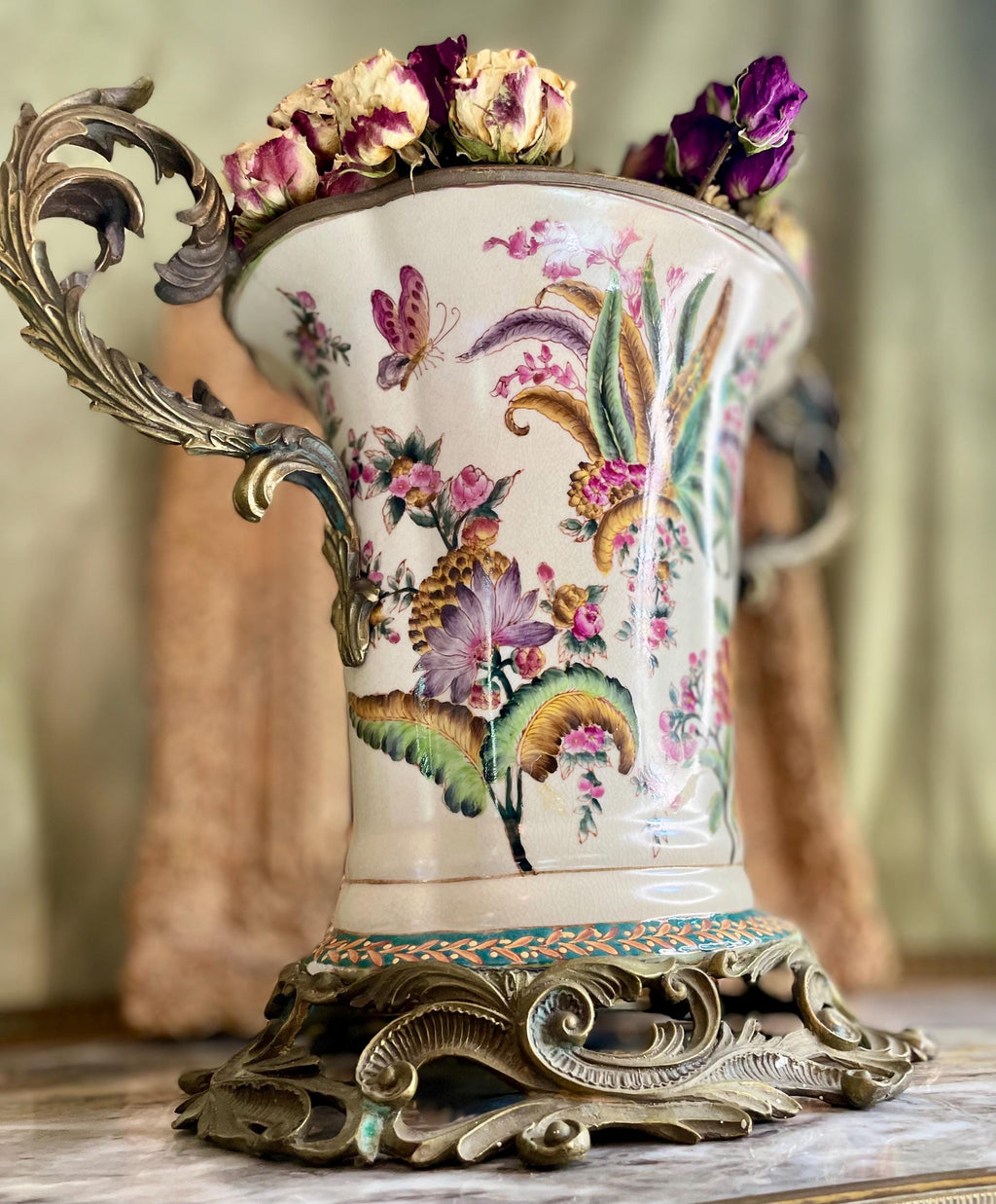 Vintage French Ceramic Vase with Brass Fittings by Dominic