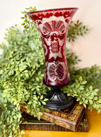 Antique Ruby Cut-to-Clear Bohemian Glass Vase with Etched Overlay