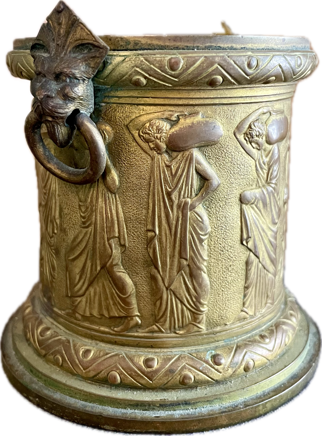 Antique Neoclassical Brass Urn with Greek Figures and Lion Handles