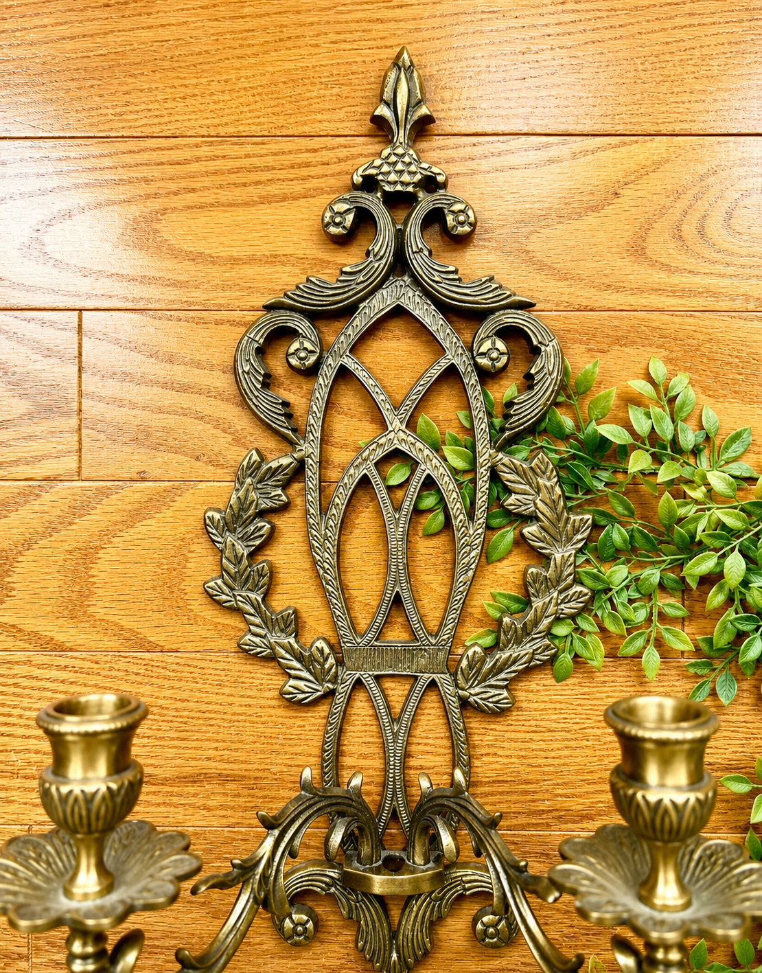 Vintage Pair Gothic Revival Brass Wall Sconces