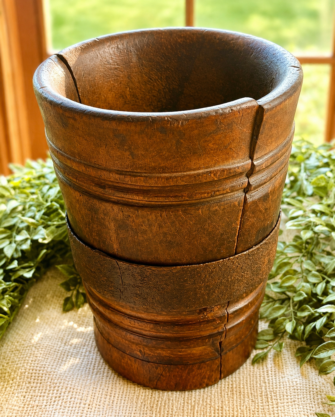 Antique Wooden Mortar & Pestle with Hand-Forged Iron Band | Primitive Apothecary Décor