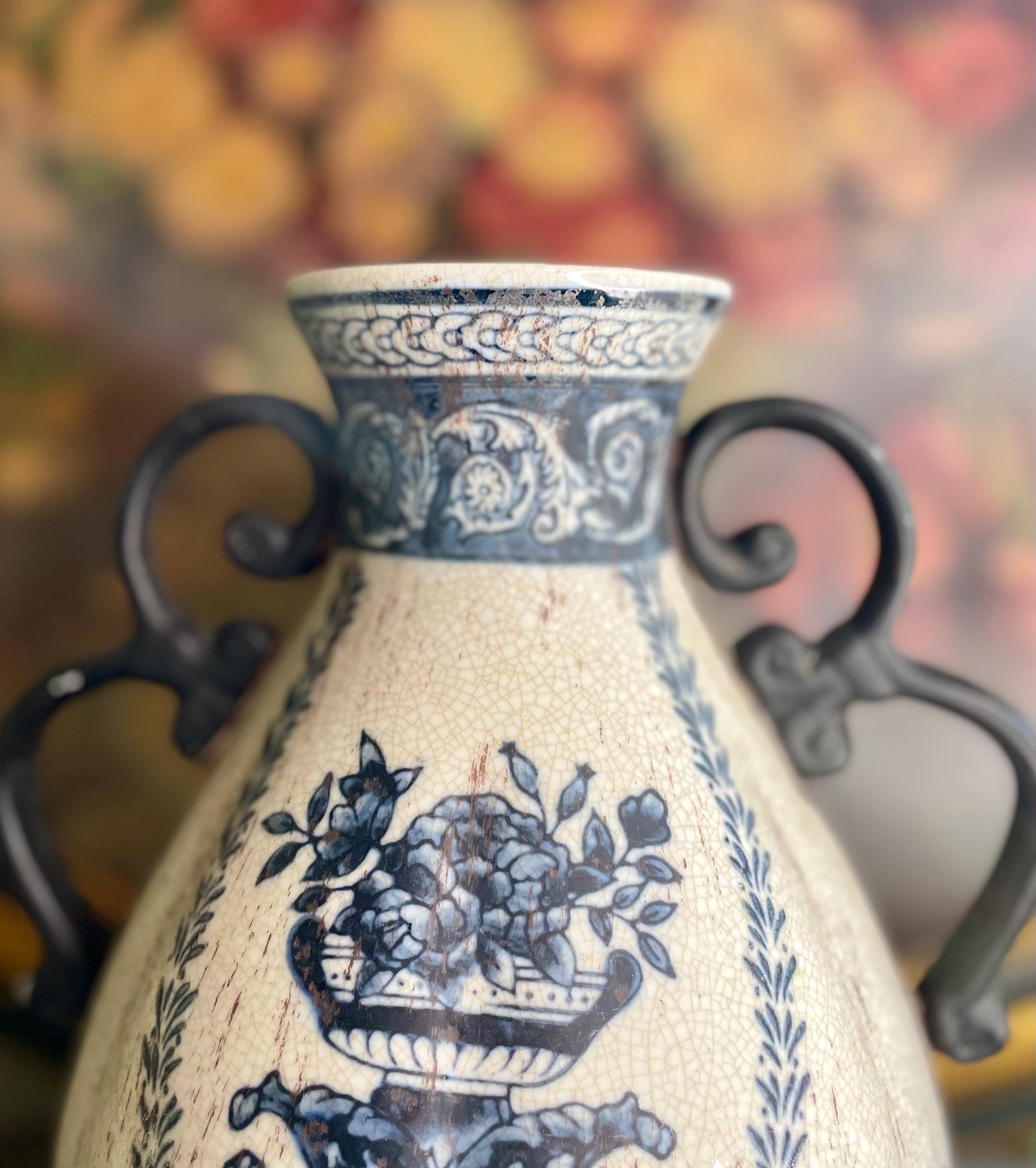 European  Blue & White Urn-Style Vase with Double Handles