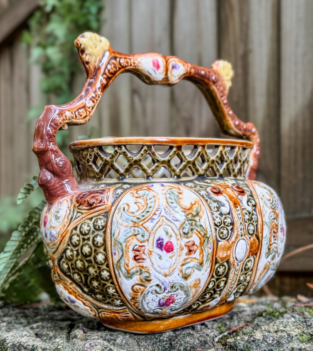 Antique English Alhambrian Majolica Reticulated Basket
